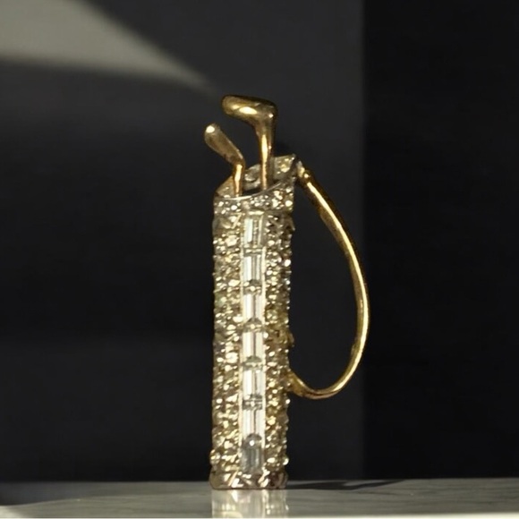 Golf Clubs Gold Tone Crystal Glass Rhinestone Gem 2.25” Brooch - Picture 2 of 3